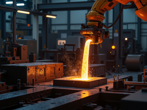 Modern steel manufacturing facility with automated machinery, CNC equipment, quality control stations, workers in safety gear, clean industrial environment