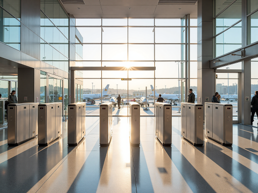 Large international airport terminal with steel structure, multiple levels, passenger boarding bridges, modern architectural design, busy airport environment