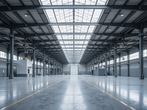 Massive logistics center building with steel frame construction, multiple loading areas, modern warehouse design, extensive parking area, industrial zone location