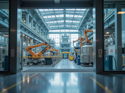 Multi-story industrial building with steel frame structure, multiple floors visible, industrial equipment inside, modern factory design, clear architectural lines