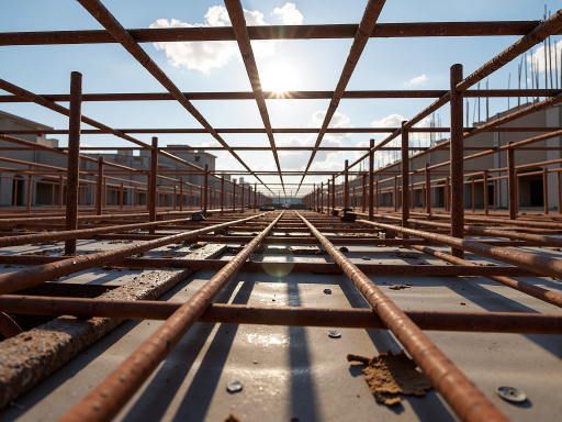 Large steel framed building structure with modern architectural design, multiple floors visible, clear blue sky background, professional construction site view